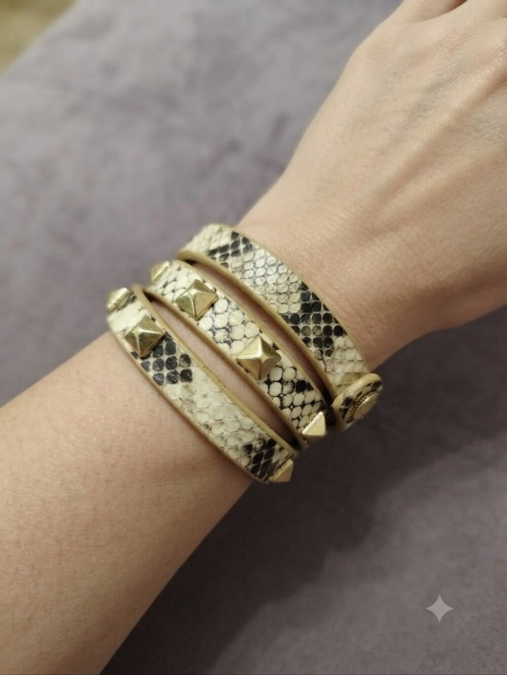 Premier Designs Cream and Black Snake-Print Wrap Bracelet with Gold Studs